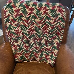 Afghan Blanket Hand Knitted 55"x71" Maroon Green Tan Metallic Gold Sofa Chair